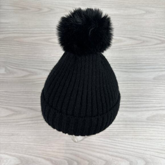 Hat Attack Acrylic Pom Pom Winter Beanie Hat Faux Fur Lined Ribbed Knit Black - Picture 6 of 11